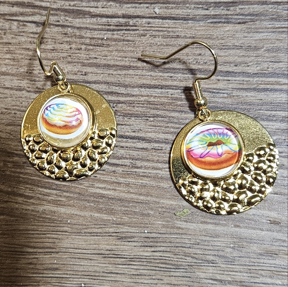 Gold Lisa Frank Rainbow Donut Earrings